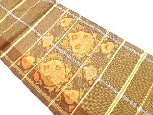 手織り紬格子に抽象草花模様織出し名古屋帯